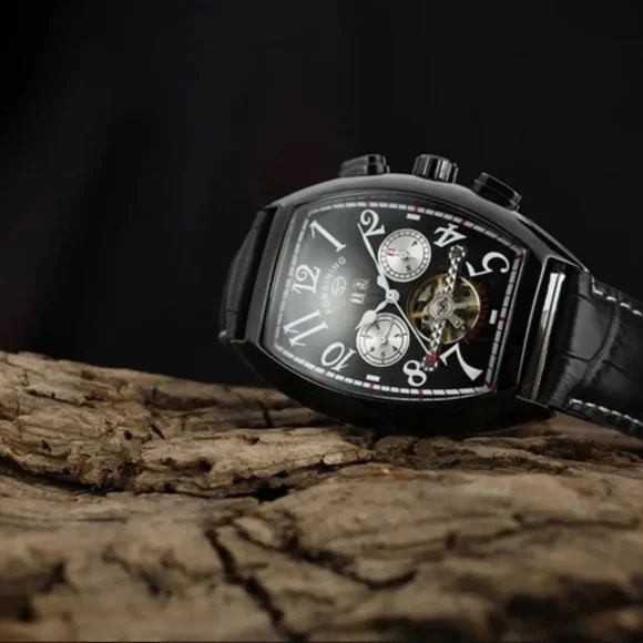 Forsining Automatic Watch Men Sport Tonneau Shaped Leather WaterproofDate